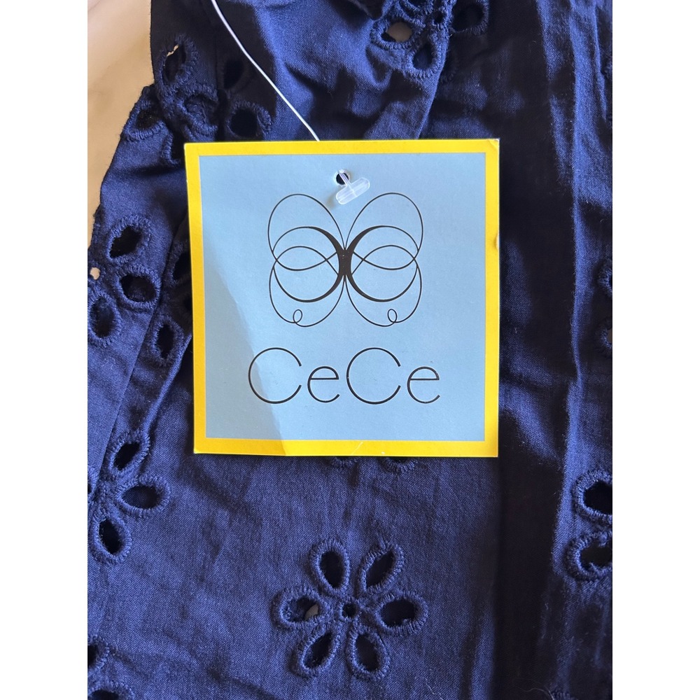 NWT CeCe Womens Navy Blue Eyelet Top Flutter Sleeve V-Neck Cotton Blouse XL - Picture 8 of 11